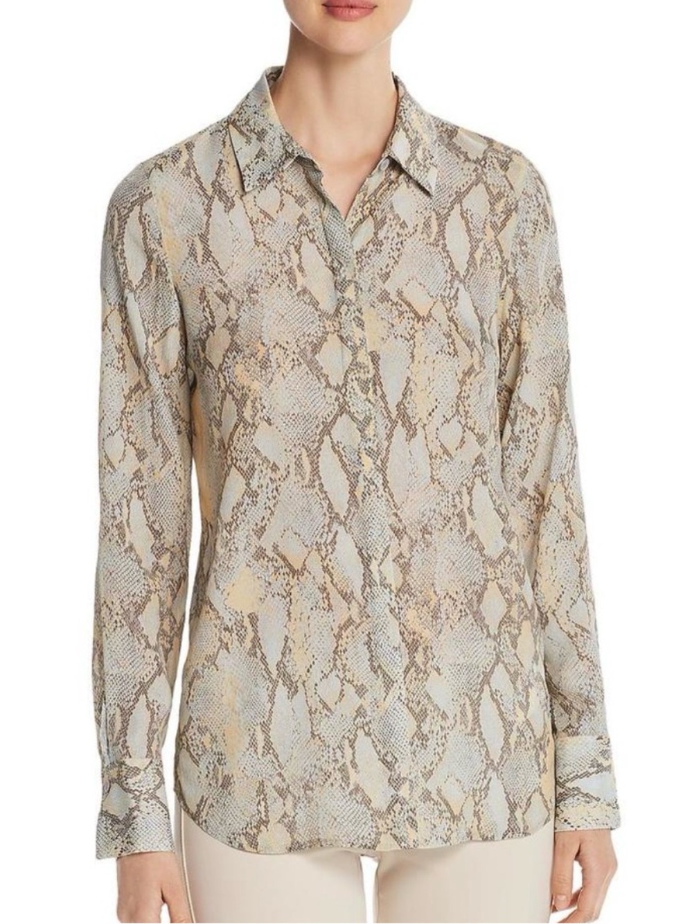 Lafayette 148 New York Snake-Print Button-Down Blouse in Yellow and Gray